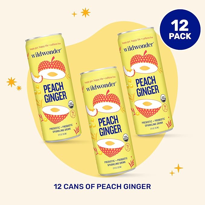 wildwonder Sparkling Probiotic Drink 12pk, For Gut Health & Immune Support, Peach Ginger, 5g
