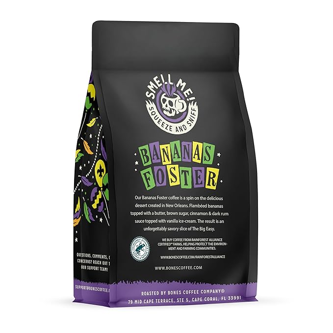 Bones Coffee Company Bananas Foster, Banana, Rum and Vanilla Flavored Coffee, Medium Roast Low Acid