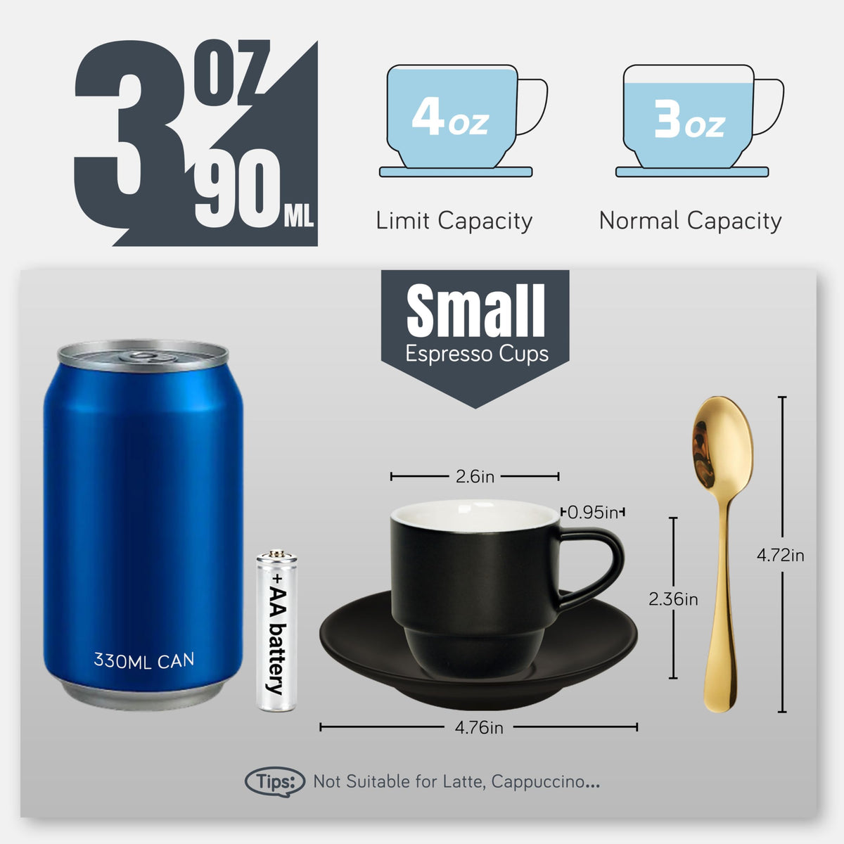 Lareina Porcelain 3-Ounce Espresso Cups Set of 6, Small Stackable Coffee Cups with Saucers, Spoons