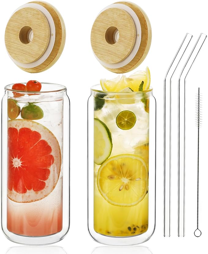 LIBWYS 16oz Double Wall Drinking Glass Cups with Bamboo Lids and Straws, 2 Pc Set ??Condensation