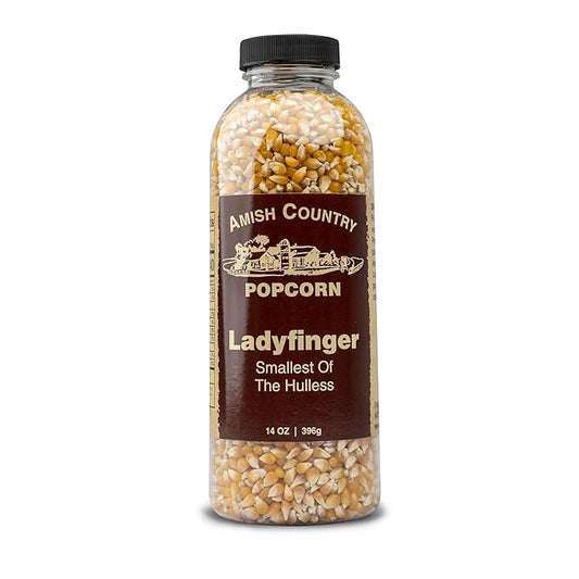 Amish Country Popcorn | 14 oz Bottle | Ladyfinger Popcorn Kernels | Old Fashioned, Non-GMO and