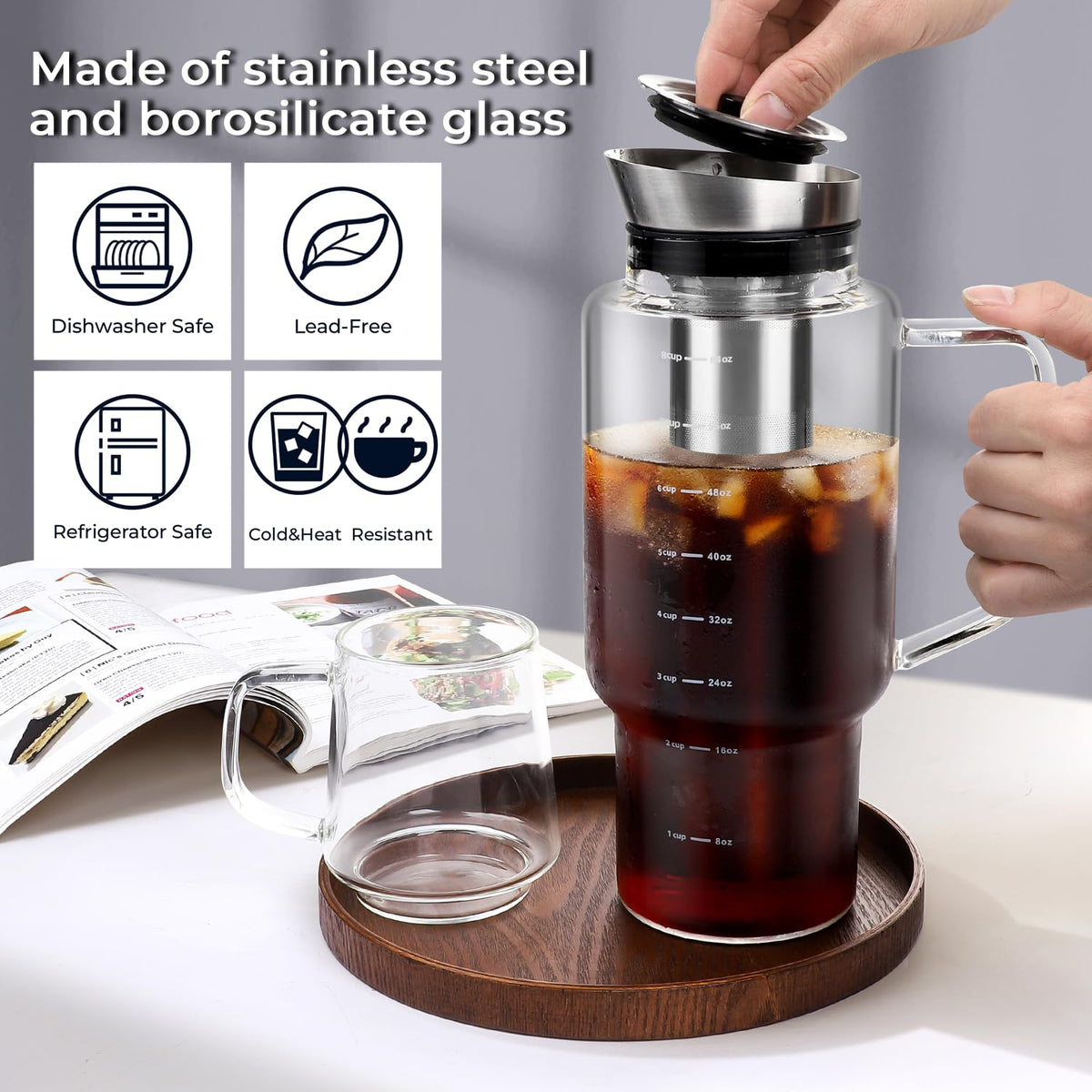 Aquach 68oz Cold Brew Coffee Maker, Borosilicate Glass Pitcher for Iced Tea