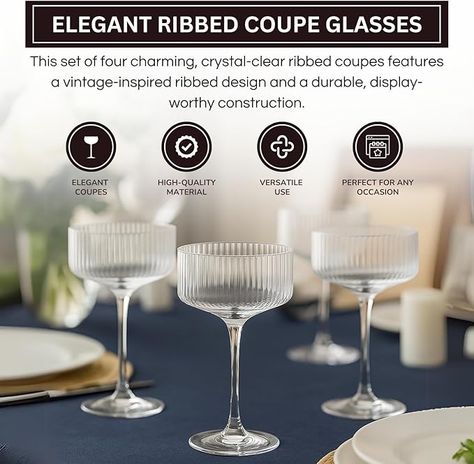 Vintage 4 Pcs Ribbed Coupe Glasses, 11 oz 100% Crystal Coupe Glass Set, Unique Martini Glass