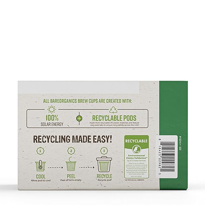 BareOrganics Energy Medium Roast Coffee, Organic, 10 K-Cup Pods, Superfoods & Probiotics Infused