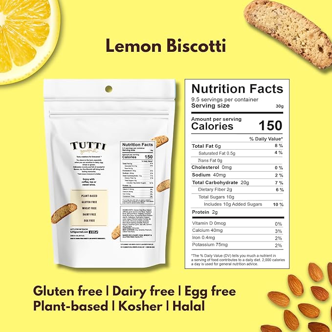 Tutti Gourmet Gluten Free Lemon Biscotti, 9.9 oz (283g) Resealable Cookie Bag - Vegan and Halal