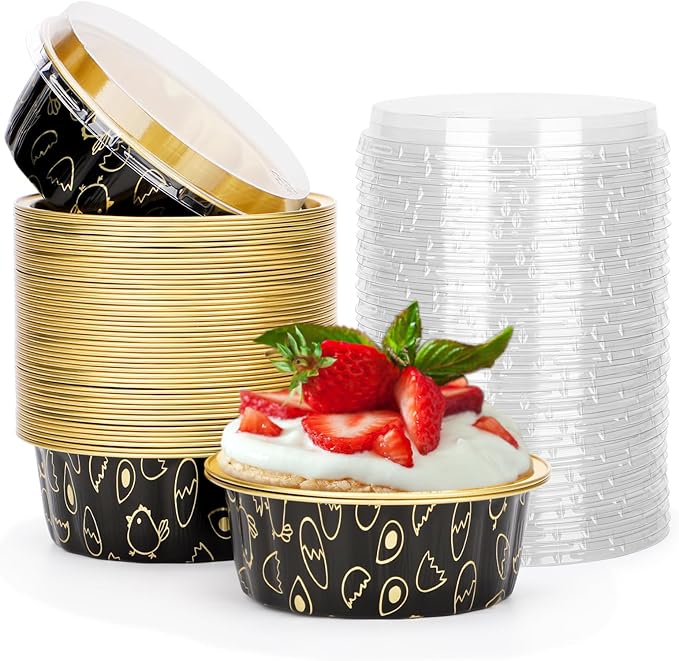 Beasea 8oz Disposable Cupcake Cups with Lids, 50 Pack Ramekins Foil Cupcake Cups Black Gold