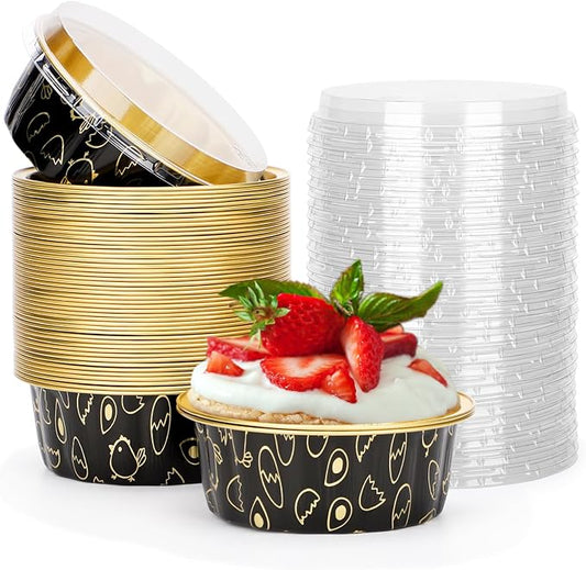 Beasea 8oz Disposable Cupcake Cups with Lids, 50 Pack Ramekins Foil Cupcake Cups Black Gold