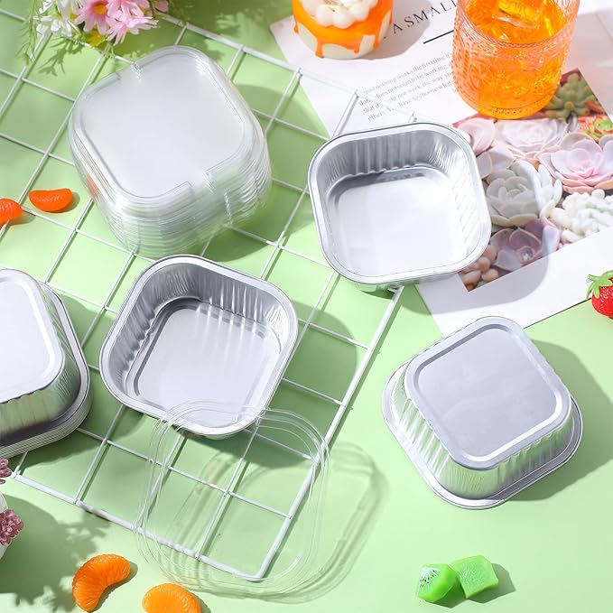 Aoriher 150 Pieces 10 oz Mini Cake Pans with Lids Aluminum Foil Baking Cups Square Disposable 4" x