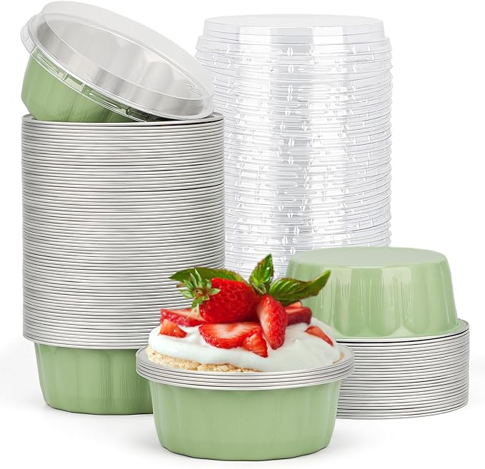 Beasea Disposable Ramekins 8oz, 100 Pack Pea Green Aluminum Foil Cups with Lids, Disposable Creme
