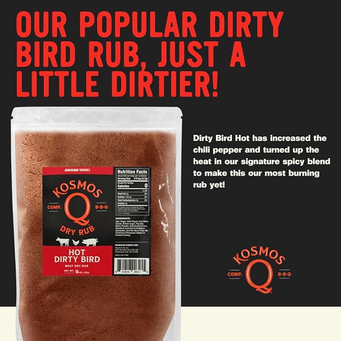 Kosmos Q Hot Dirty Bird BBQ Dry Rub, Spicy Seasoning with Chili Pepper, Brown Sugar, Garlic & Onion