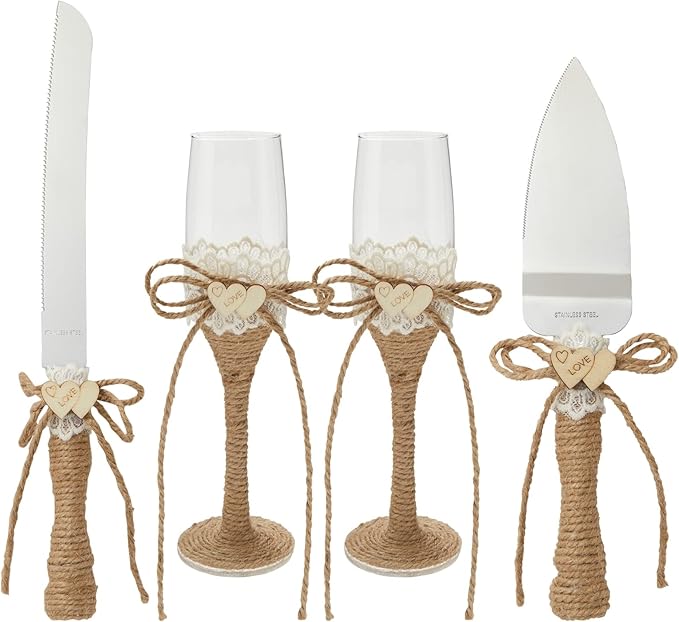 Juvale Wedding Decor Rustic Cake Knife & Server Set with Champagne Flutes - Brown Wood Handles