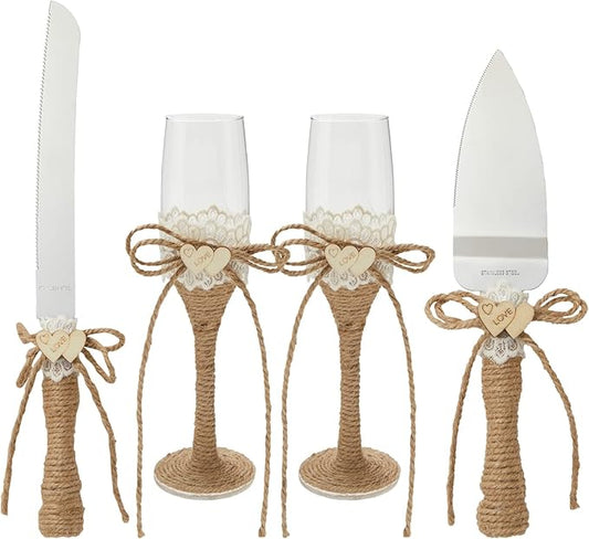 Juvale Wedding Decor Rustic Cake Knife & Server Set with Champagne Flutes - Brown Wood Handles