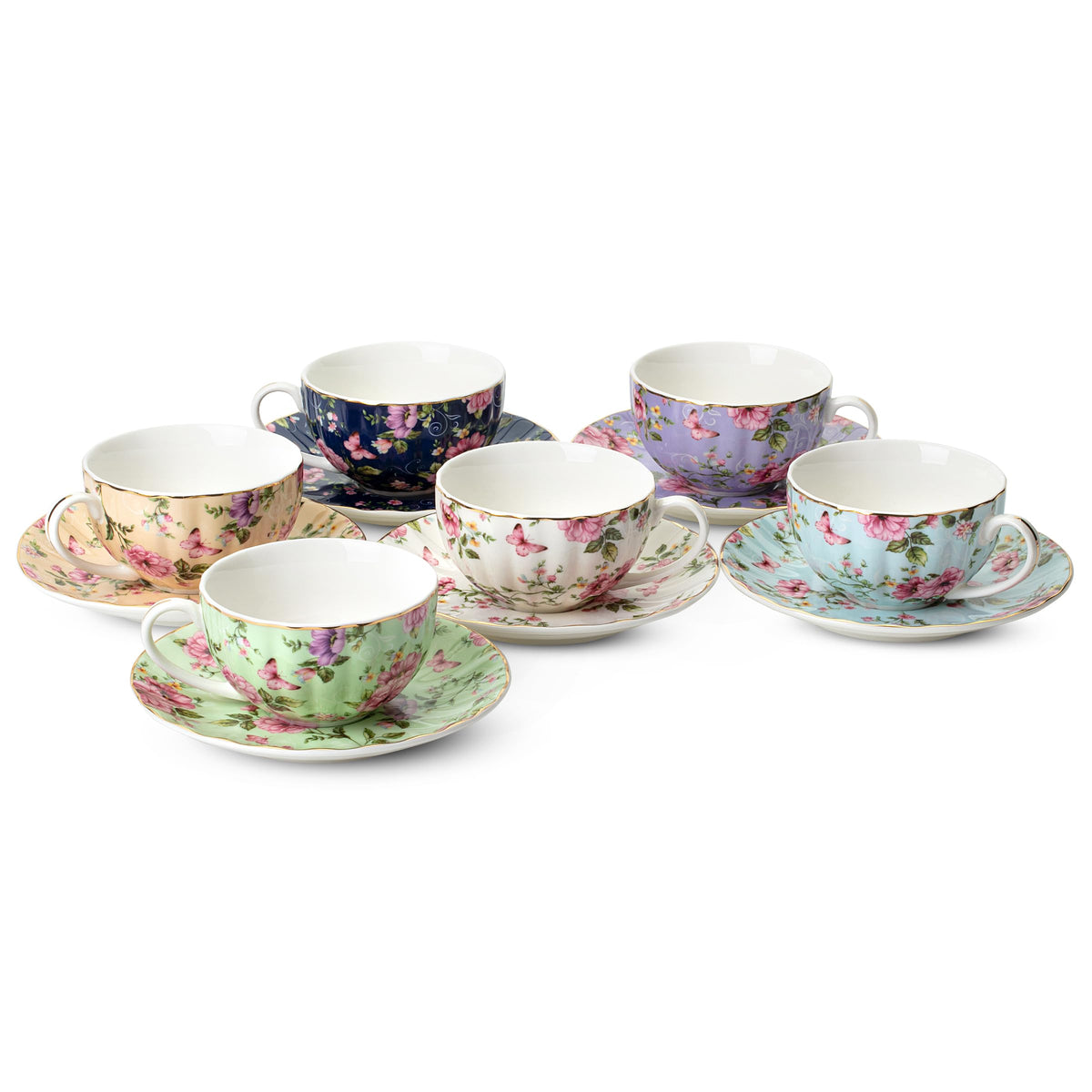 BTaT- Floral Tea Cups and Saucers Set of 6 (7 oz), Porcelain Tea Cups Set of 6, Modern Midnight