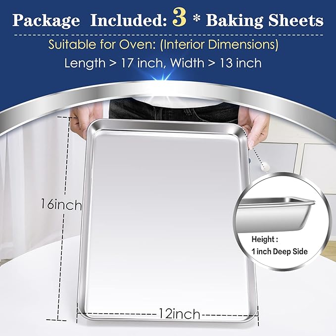 P&P CHEF 16 Inch Baking Cookie Sheet, Oven Pan Tray Stainless Steel Sheet Pan for Kitchen, Oven