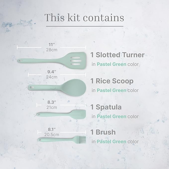 Silicone Utensils 4-Piece Set ??Rubber Spatula, Pastry Brush, Slotted Turner, and Rice Paddle
