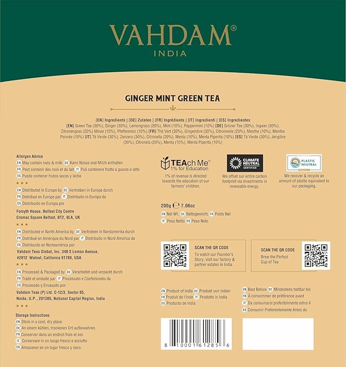 VAHDAM, Ginger Mint Green Tea Bags (100 Count) High Grown Green Tea with Raw Ginger | Medium