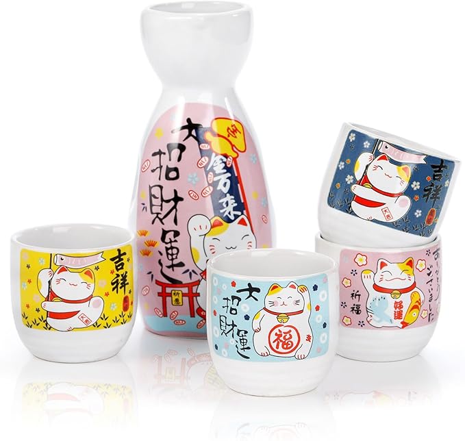 Goaste 5 Pieces Ceramic Japanese Sake Set, Durable Maneki Neko Sake Cups, Handmade Pottery Sake