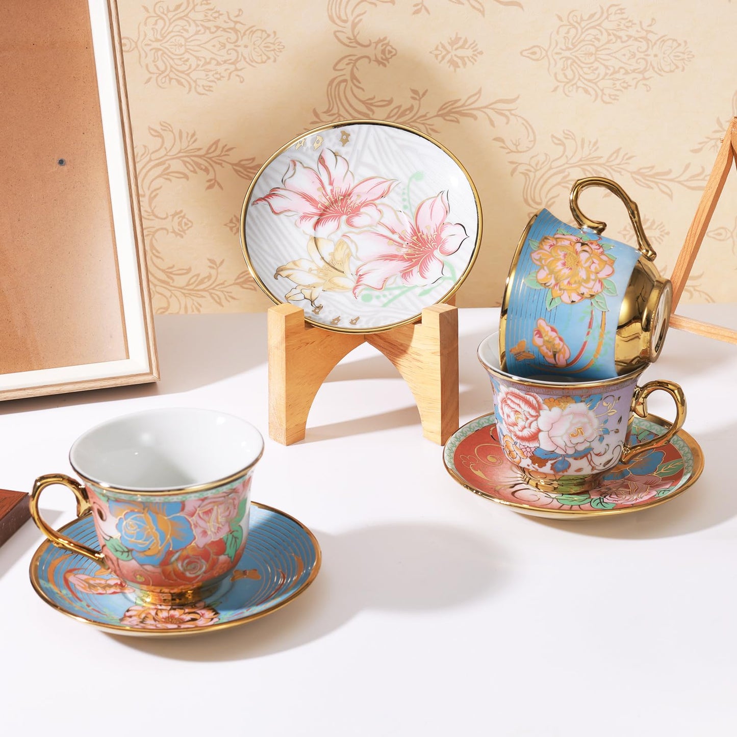 XRBEOU Tea Cups and Saucers, Tea Cup Set of 6, 8 OZ Floral Cups Porcelain Cup Set for Cappuccino