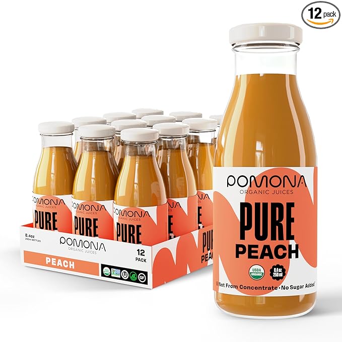 Pomona Organic Peach Juice (Pack of 12), Cold Pressed USDA Organic Juices, 100% Peaches, No Added