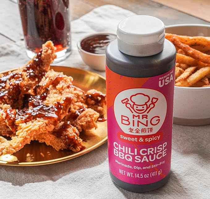 Mr. Bing Sweet & Spicy Chili Crisp BBQ Sauce, 14.5 oz, Marinade Dip and Stir-Fry Sauce, Made in