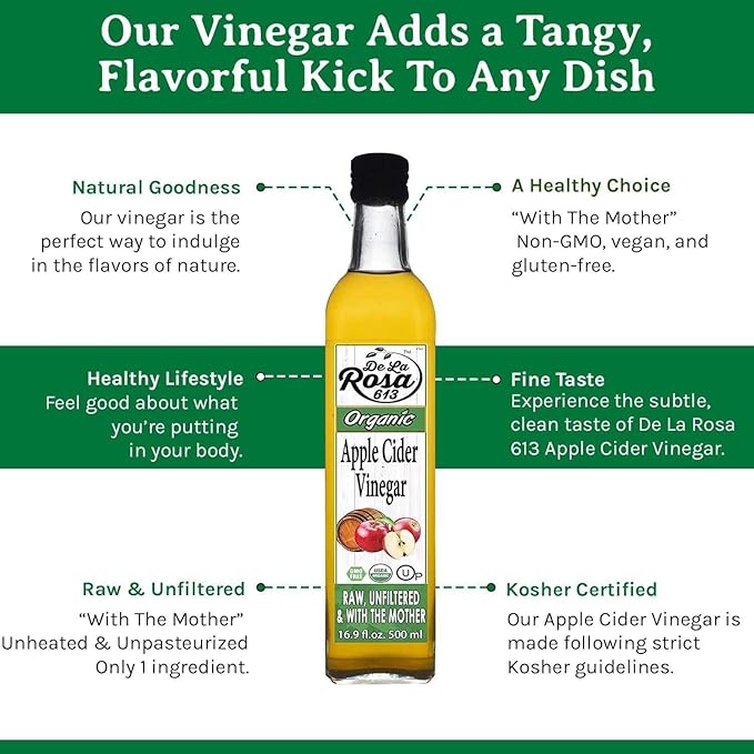 De La Rosa Organic Apple Cider Vinegar, Raw & Unfiltered with The Mother, Kosher for Passover