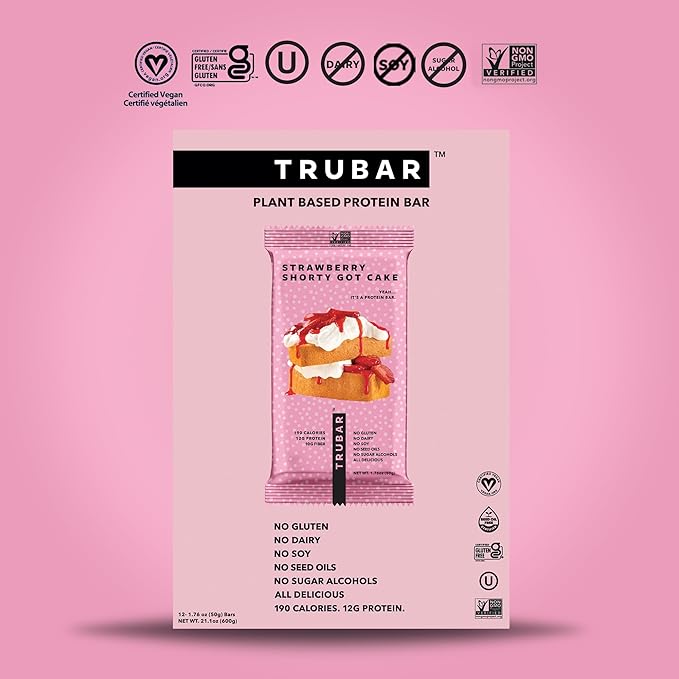 TRUBAR Vegan Protein Bar, Strawberry Shorty Got Cake, Gluten Free, Plant Based Protein, Dairy Free