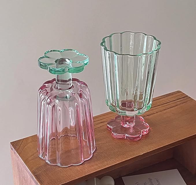 Tall Ripple Drinking Glasses Set of 2 (Pink & Green), Flower Petal Style Glass Goblet, Suitable for