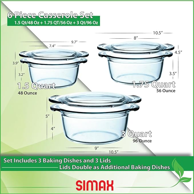 Simax Glass Casserole Dishes for Oven with Lids, Set of 3 Baking Dishes, Covered 1.50, 1.75 & 3