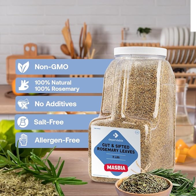 Dependable Food Rosemary Leaves Cut & Sifted - 3 Lb. Jar - Bulk, Kosher, Rosemary Herb for Chefs