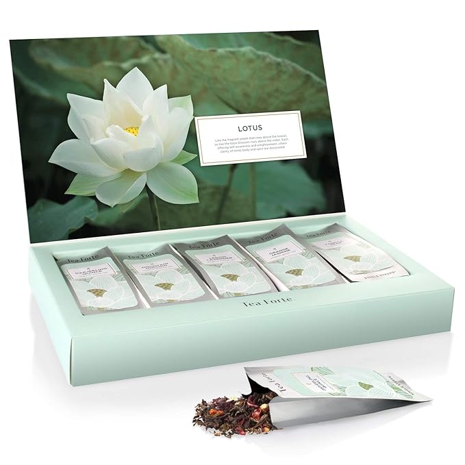 Tea Forte Lotus Single Steeps Loose Leaf Premium Tea Gift Set Sampler, 15 Count 3 of Each Assorted