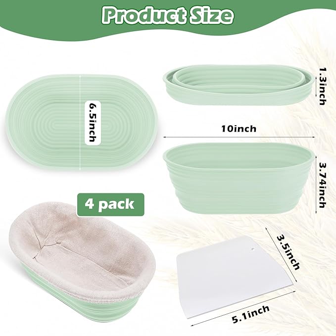 Nuogo 4 Pack Oval Bread Proofing Basket Silicone 10 Inch Collapsible Sourdough Bread Baking