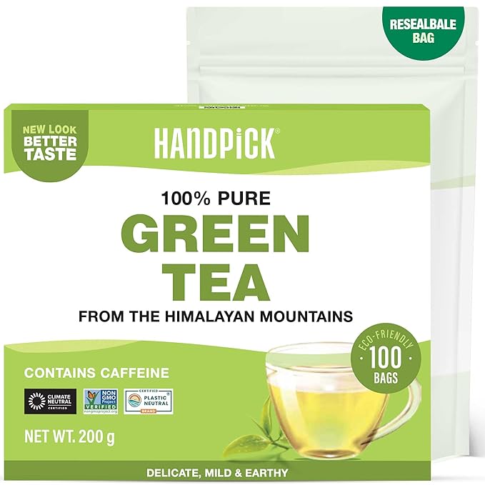 HANDPICK, Green Tea Bags - 100 Eco-Friendly Tea Bags | Resealable Pack for Freshness | Delicate &