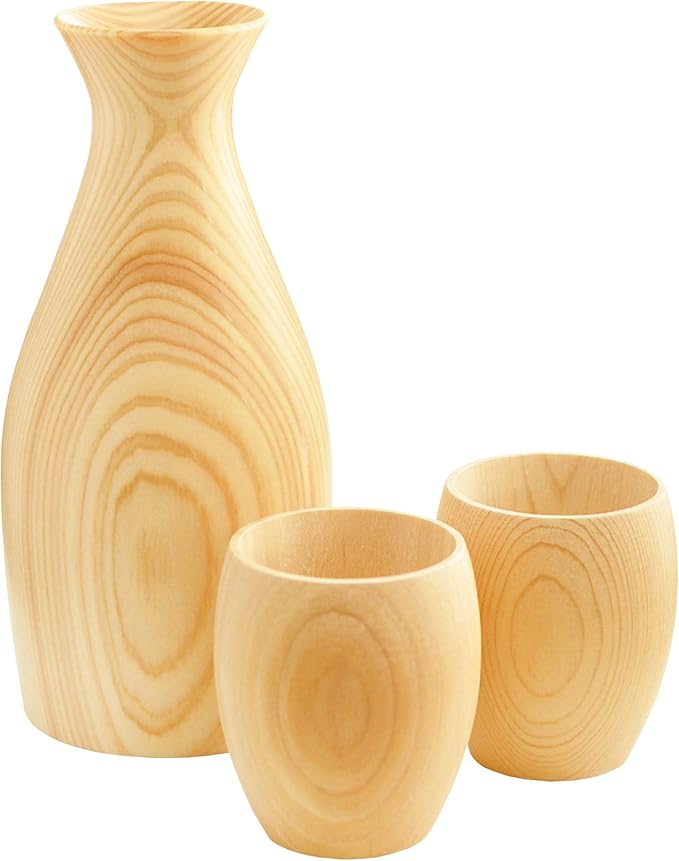 Japanese Traditional Hinoki Wooden Sake Set, 1 Tokkuri Flute and 2 Cups, Handmade in Japan