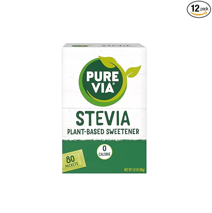 PURE VIA Stevia Sweetener Packets, Sugar Substitute, Natural Sweetener, Erythritol Free, Zero