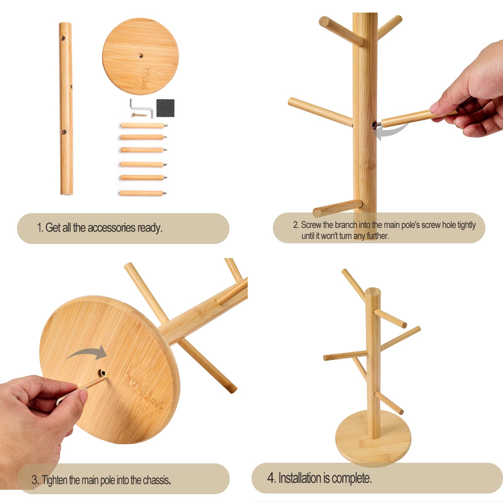 Kelduemi Bamboo Mug Tree for Counter, 6 Hooks Detachable Coffee Mug Holder, Decorative Mug Racks