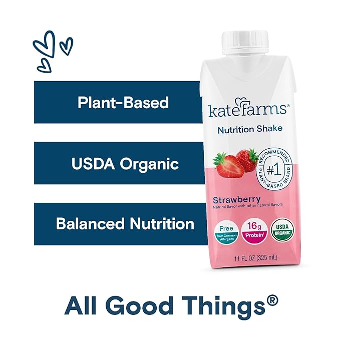 KATE FARMS Organic Nutrition Shake, Strawberry, 16g of Protein, 27 Vitamins and Minerals, Meal