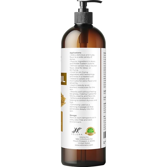 Sesame Seed Oil by Velona - 8 fl oz | 100% Pure and Natural Carrier Oil | Refined, Expeller Pressed