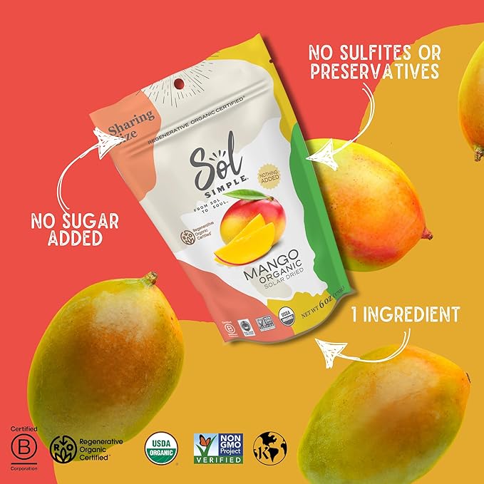 SOLSIMPLE Organic Dried Mango No Sugar Added 6oz Snack Pack (1 Bag) | Dehydrated Fruit | Organic