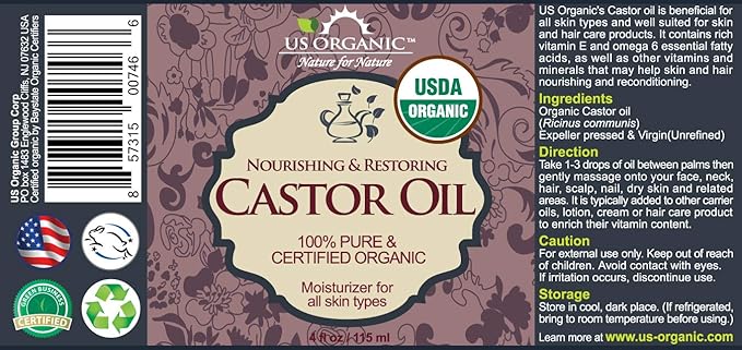 US Organic Castor Oil, USDA Certified Organic,Expeller Pressed, Hexane Free, 100% Pure & Natural