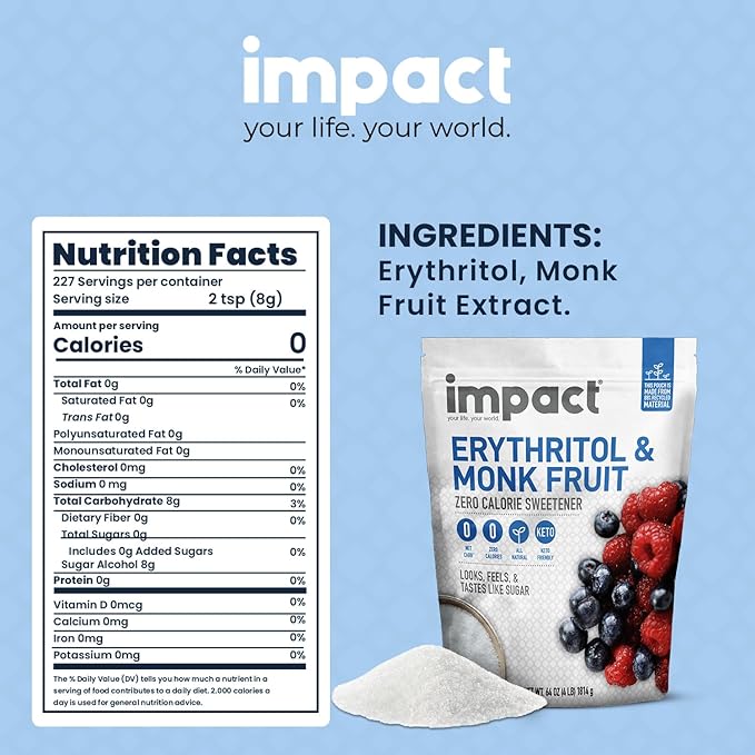 Impact White Monk Fruit & Erythritol Sweetener Blend - Gluten Free, Zero Calories, Net Carbs, Keto