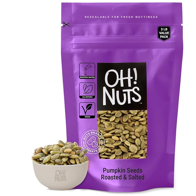 Oh! Nuts Pumpkin Seeds - Roasted Salted - 3 lb - No Shell Pepitas - Packed in New York Zip-Seal Bag
