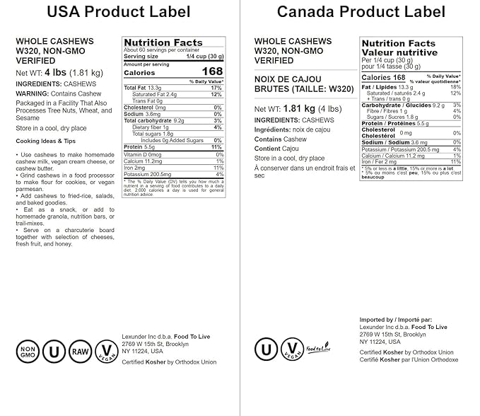 Food to Live Raw Cashews, 4 Pounds ??Non-GMO Verified, Deluxe Whole Nuts, Unsalted, Unroasted, Size
