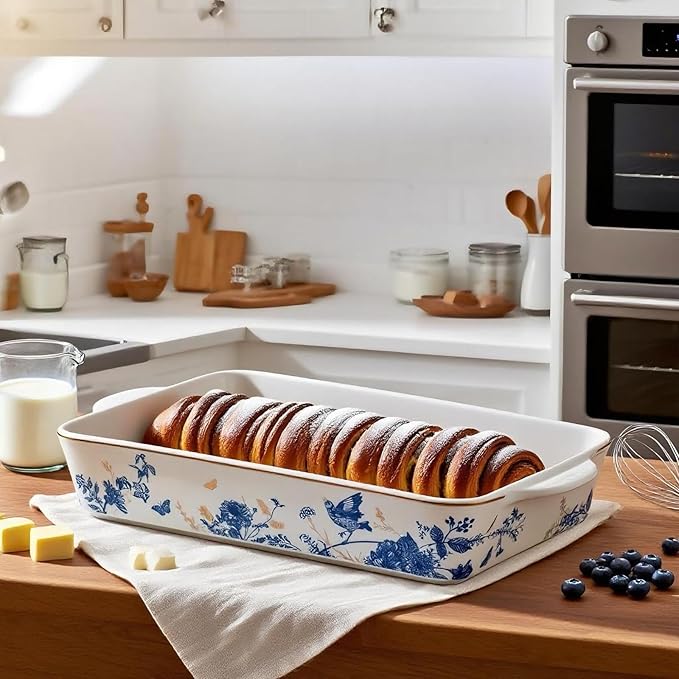 Baking Pans Set of 2 Blue flower 14 inch Ceramic for Oven Large Casserole Baking Dish Set with