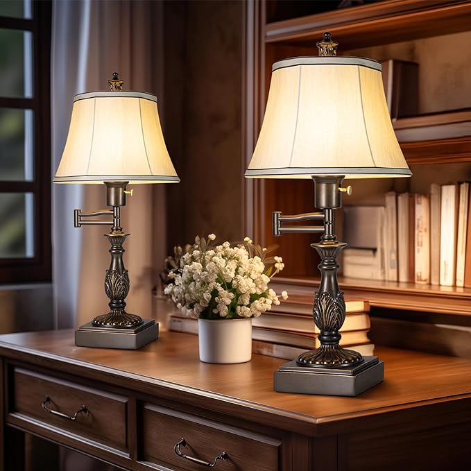 23.5" High Rustic Traditional 350° Adjustable Swing Arm Table Lamp Set of 2 with USB A+C Ports