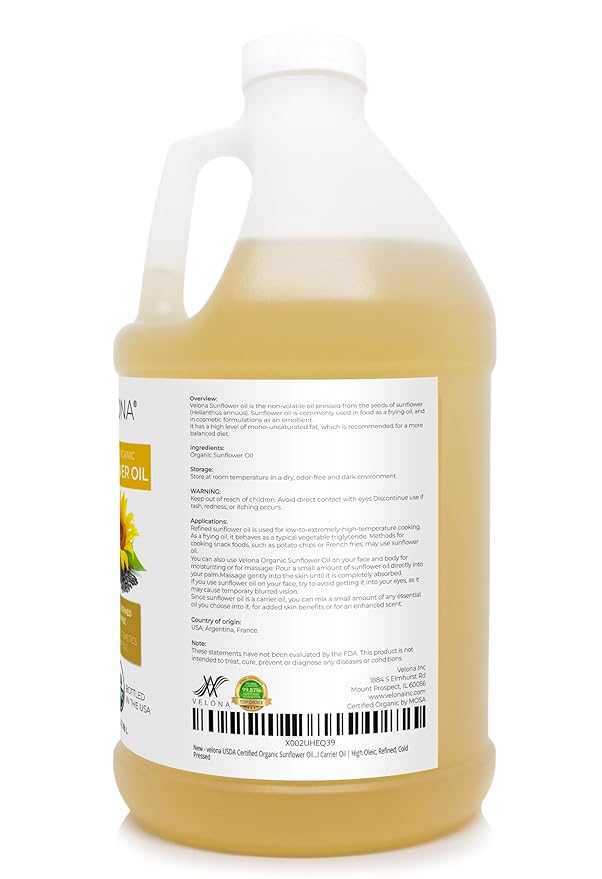 velona USDA Certified Organic Sunflower Oil - 1 Gallon / 128 Fl Oz | 100% Pure and Natural Carrier