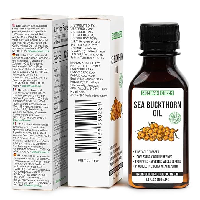Siberian Sea Buckthorn Oil | 100% Natural Extra Virgin Cold Pressed 100 ml / 3.4 fl oz | Unrefined