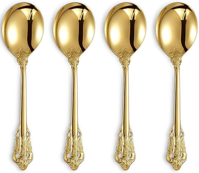 KEAWELL Gorgeous Round Soup Spoon, Set of 4, 18/10 Stainless Steel, Luxury Bouillon Spoon