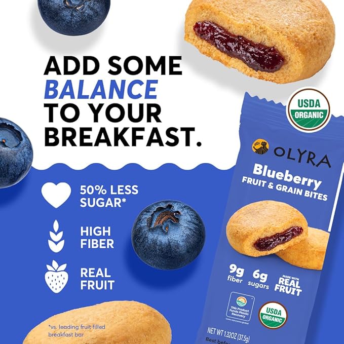 Olyra Blueberry Organic Bars, Prebiotic High Fiber Bars, Healthy Snacks for Kids, Low Sugar, Vegan