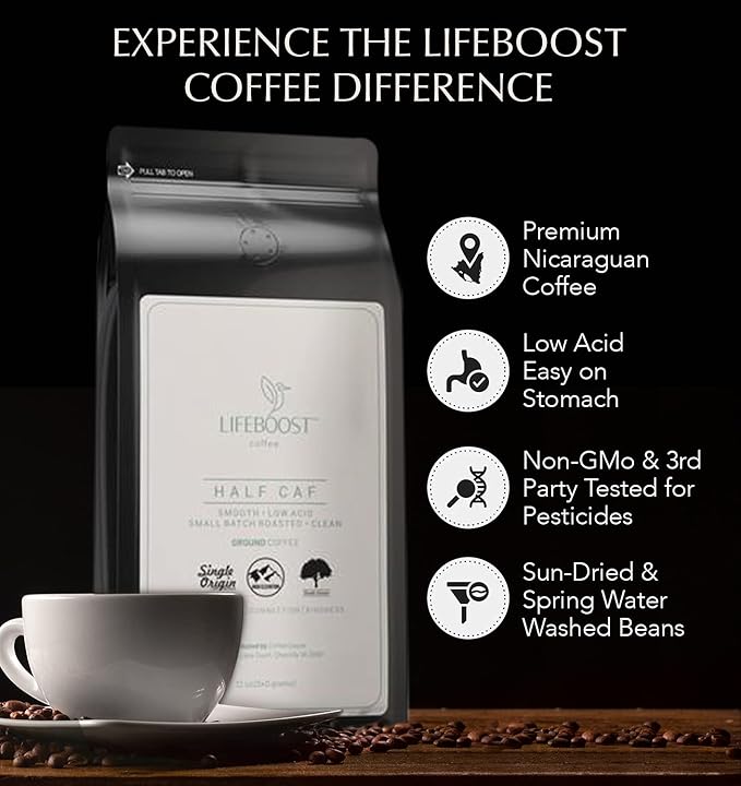 Lifeboost Coffee Half Caff Ground Coffee - Low Acid Single Origin USDA Organic Coffee - Non-GMO