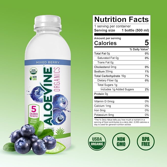 Aloe Vera Juice, No-Pulp Organic Drink, Healthy with Aloe Powder and Lemon Juice, 5 Calories, Low